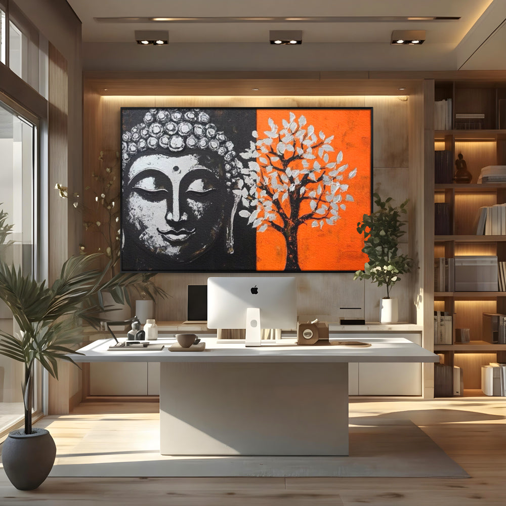 Tablou canvas cu tablou canvas cu capul lui buddha si un copac, in rama de aluminiu negru, pe perete intr-un birou